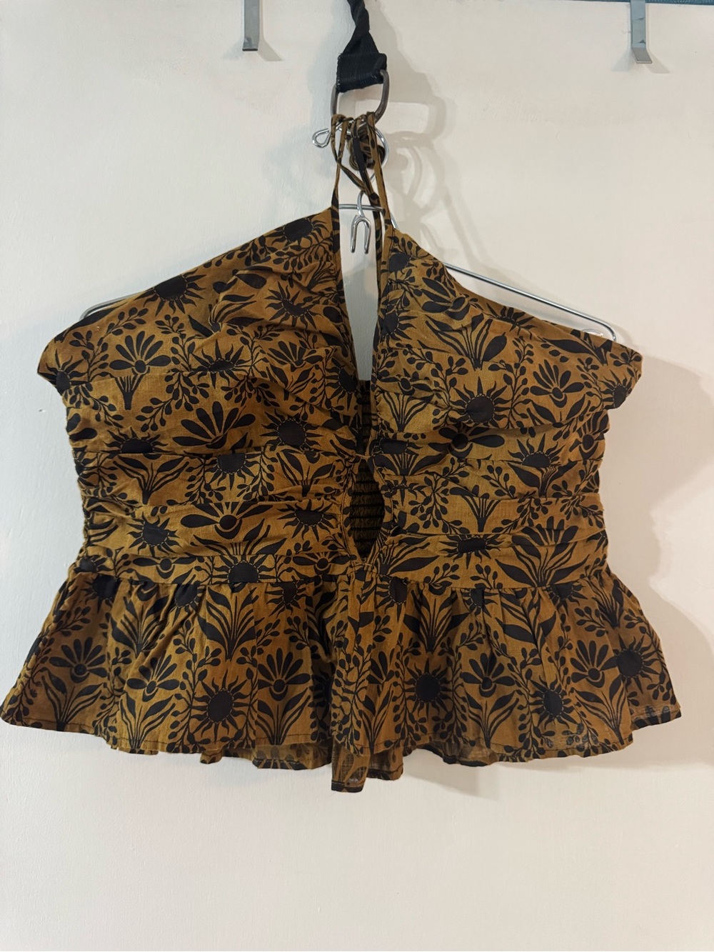 Free People Mustard Brown Floral Peplum Crop Top
